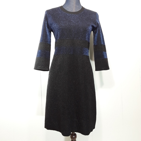 Tory Burch metallic blue / black shimmer striped wool Sheath dress size small - Picture 2 of 14